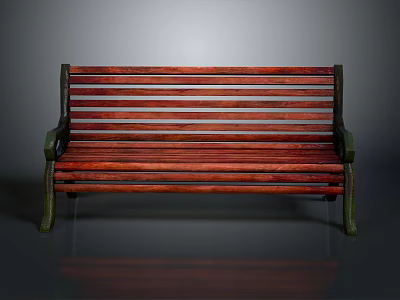 Classic Rich Brown Wooden Bench With Green Metal Armrests And Smooth Slats 3d model