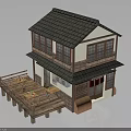 Traditional Two story House Featuring Black Tile Roof Wooden Deck and White Walls