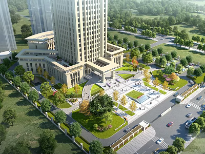 High Rise Modern Office Building With Landscaped Gardens Main Entrance Plaza And Parking Area 3d model