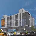 Modern Multi storey Industrial Building With Glass Windows Yellow Accents And Surrounding Greenery