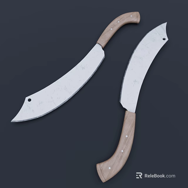 Two Curved Blade Weapons With Wooden Handles And Silver Metal Blades 3d model 