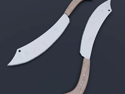 Two Curved Blade Weapons With Wooden Handles And Silver Metal Blades 3d model