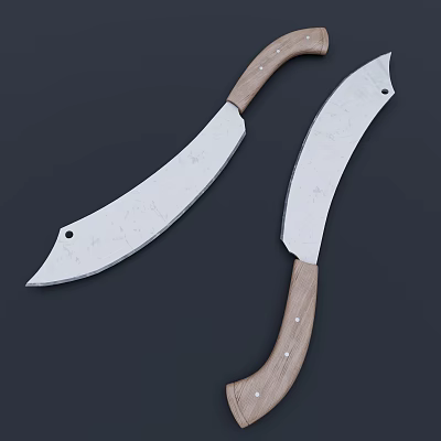 Two Curved Blade Weapons With Wooden Handles And Silver Metal Blades 3d model