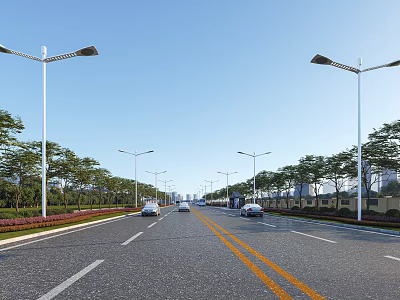 Modern Wide Municipal Road With Street Lamps Trees Green Belts And Vehicles 3d model