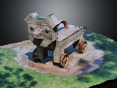 Wooden Dog Shaped Toy Cart With Wheels On Green Grass Field 3d model