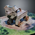 Wooden Dog Shaped Toy Cart With Wheels On Green Grass Field