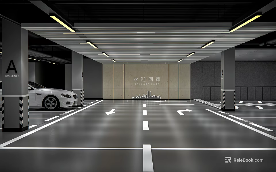 Modern Parking Garage Interior With White Car Directional Arrows Pillars Ceiling Lights And Decorative Walls 3d model 