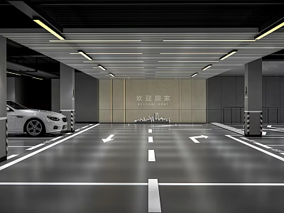 Modern Parking Garage Interior With White Car Directional Arrows Pillars Ceiling Lights And Decorative Walls 3d model