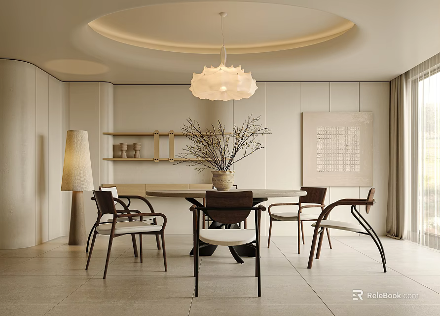 Modern Restaurant Interior With Dining Table Chairs Pendant Light Decorative Art And Potted Plants 3d model 