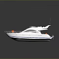 Wooden Boat 3D Rendering with White Hull Blue Stripe and Orange Lifebuoys on Deck