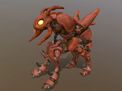 Mechanical Insect Like Creature With Yellow Glowing Eyes And Reddish Brown Armor 3d model