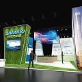JIANGHO Exhibition Booth Design With Blue White Displays Digital Screens And Green Grass Decor