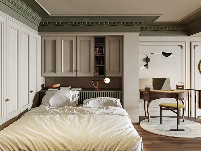 Minimalist Tatami Bedroom Interior With White Bedding Cabinets Wooden Desk Chair And Green Accents 3d model