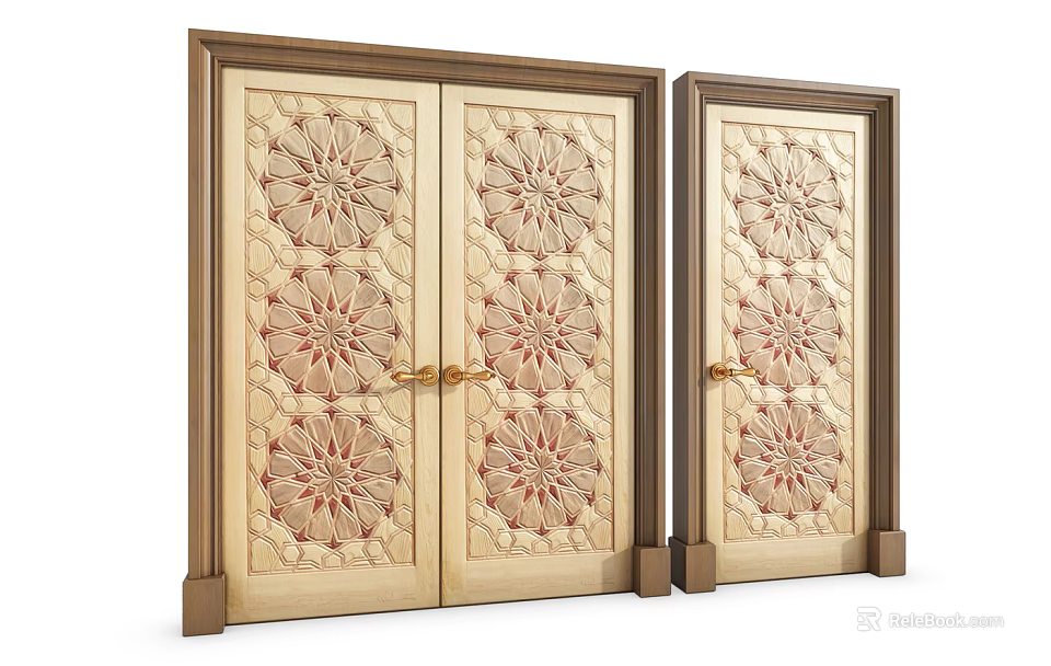 Elegant Classic Wooden Double Doors With Carved Patterns And Golden Handles 3d model 