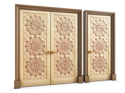 Elegant Classic Wooden Double Doors With Carved Patterns And Golden Handles 3d model