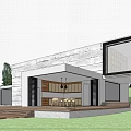 Modern Concrete Detached House With Large Windows Wooden Deck And Outdoor Seating