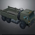 Detailed Olive Green Military Truck With Open Cargo Bed And Multi Wheel Design
