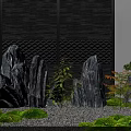 Serene Courtyard Garden With Gray Stone Wall Lattice Design Decorative Rock Formations Green Mossy Patches