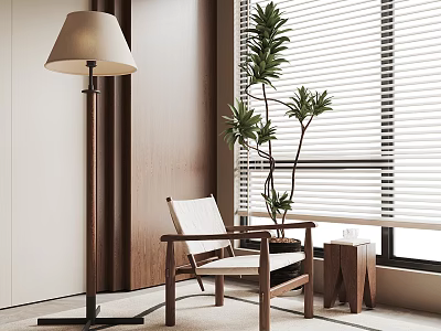 Wooden Frame Lounge Chair With White Cushion Near Floor Lamp Green Plant And Window Blinds 3d model