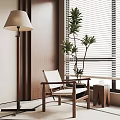 Wooden Frame Lounge Chair With White Cushion Near Floor Lamp Green Plant And Window Blinds
