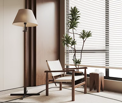 Wooden Frame Lounge Chair With White Cushion Near Floor Lamp Green Plant And Window Blinds 3d model
