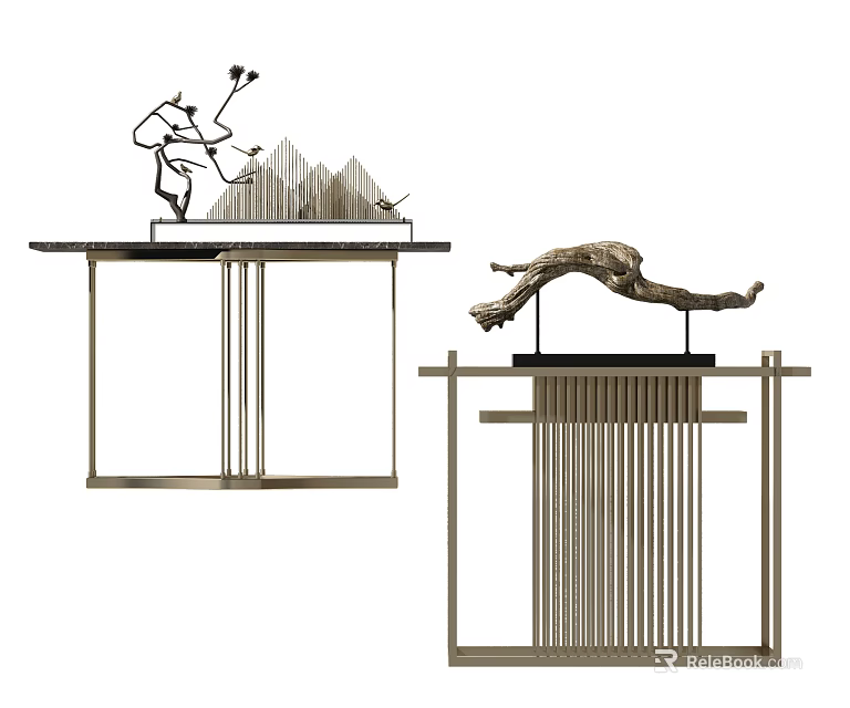 Modern Decorative Console Table With Metal Frame Black Top And Abstract Sculptures 3d model