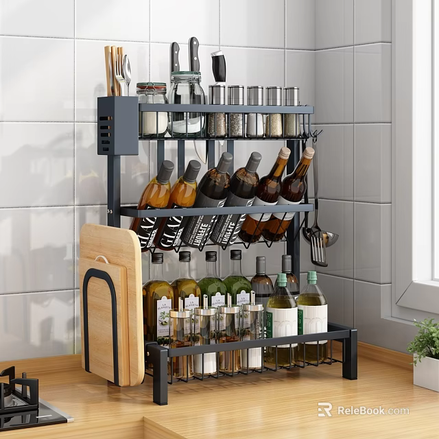 Multifunctional Kitchen Storage Rack With Bottles Jars Knives And Cutting Board Organizer 3d model