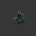 Blue Horned Spiked Back Creature With Saddle And Rolled Blanket As Riding Mount For Adventurers