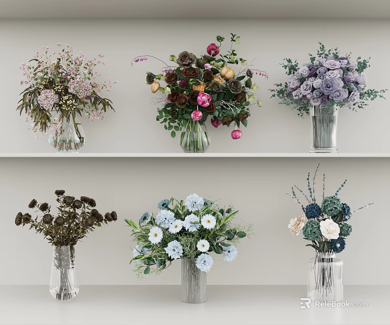 Different Types of Beautiful Colorful Flower Vases With Assorted Floral Blooms On Display Shelves 3d model 
