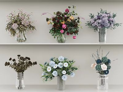 Different Types of Beautiful Colorful Flower Vases With Assorted Floral Blooms On Display Shelves 3d model