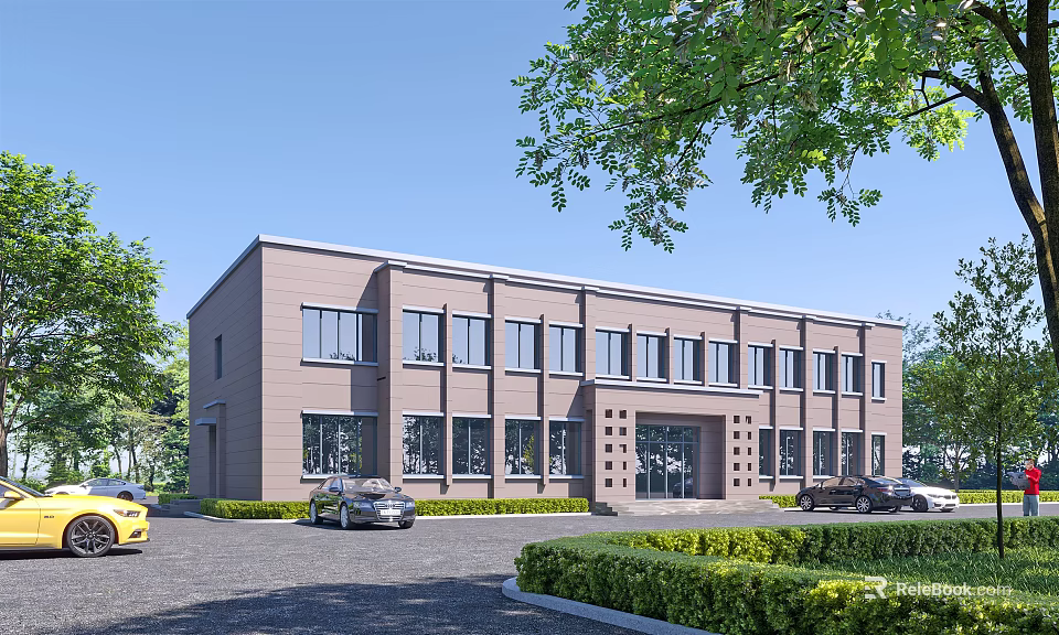Brick Office Building With Large Glass Windows Landscaped With Green Trees And Lawns Parked Cars 3d model 