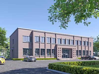 Brick Office Building With Large Glass Windows Landscaped With Green Trees And Lawns Parked Cars 3d model