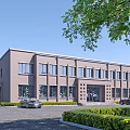 Brick Office Building With Large Glass Windows Landscaped With Green Trees And Lawns Parked Cars