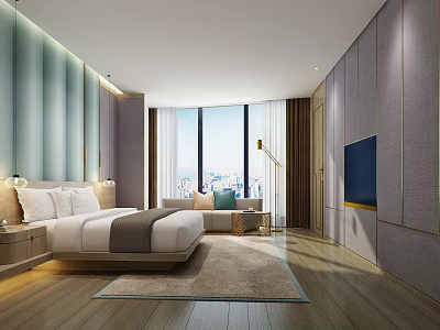 Modern Hotel Guest Room with Large Bed Floor to Ceiling Window City View and Wooden Flooring 3d model