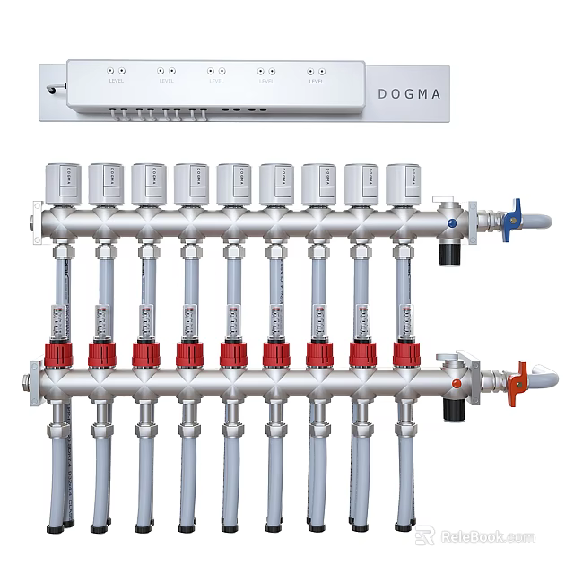 Industrial Equipment DOGMA Manifold System With Silver Pipes Red Blue Valves And Hydronic Connections 3d model 