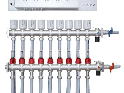 Industrial Equipment DOGMA Manifold System With Silver Pipes Red Blue Valves And Hydronic Connections 3d model
