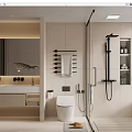 Modern Minimalist Bathroom Interior With Vanity Mirror Toilet Glass Shower And Towel Rack