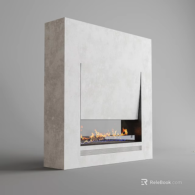 Modern Light Gray Concrete Fireplace With Sleek Design And Burning Flames 3d model 