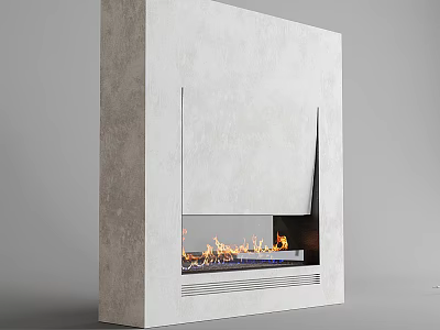 Modern Light Gray Concrete Fireplace With Sleek Design And Burning Flames 3d model