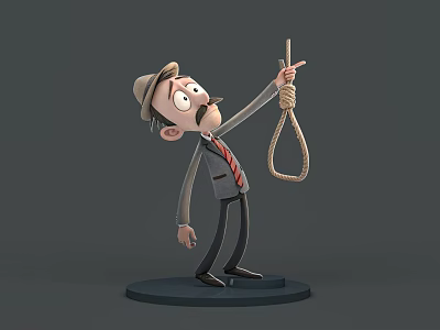 Cartoon Man In Hat Suit And Tie Holding Rope Noose Pointing At It On Base 3d model