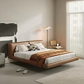 Double Bed With Brown Upholstered Headboard White Pillows Geometric Cushion Brown Throw Blanket Black And White Abstract Painting Floor Lamp