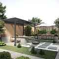 Modern Courtyard Garden With Wooden Pergola Stone Path Water Feature And Outdoor Dining Set