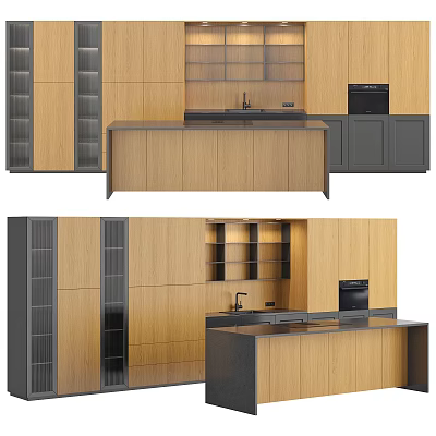Modern Kitchen Cabinets With Wooden Island Dark Storage And Integrated Appliances 3d model