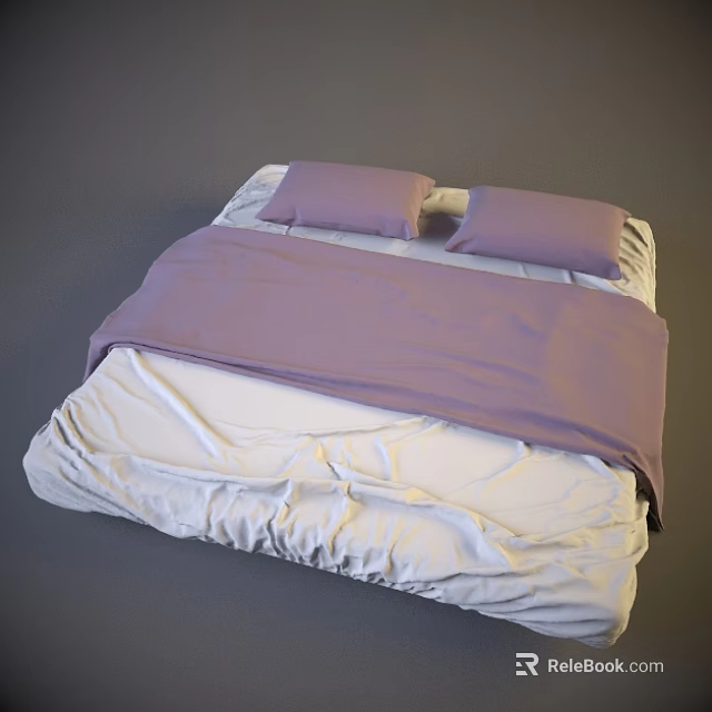Cozy Double Bed With Purple Pillows Purple Blanket And Light Colored Sheets 3d model 