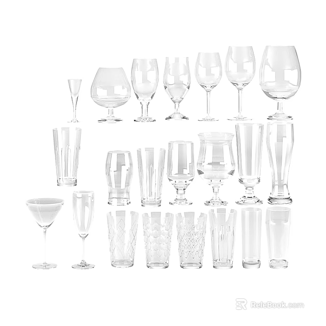 Various Types of Wine Bottles and Wine Glasses in Assorted Designs and Styles 3d model 