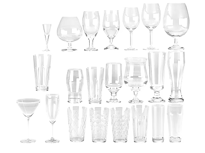 Various Types of Wine Bottles and Wine Glasses in Assorted Designs and Styles 3d model