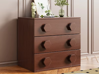 Dark Brown Wooden Dresser with Three Drawers Hexagonal Handles and Decorative Top 3d model
