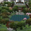 Natural Garden Landscape Design With River Trees And Modern Buildings Layout