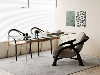 Modern Glass Top Dining Table And Chairs With Gray Rug Wall Art And Blinds 3d model