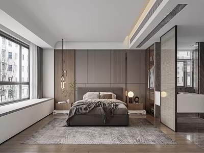 Modern Minimalist Bedroom Interior Design With Gray Bed Wooden Headboard Large Window And Area Rug 3d model